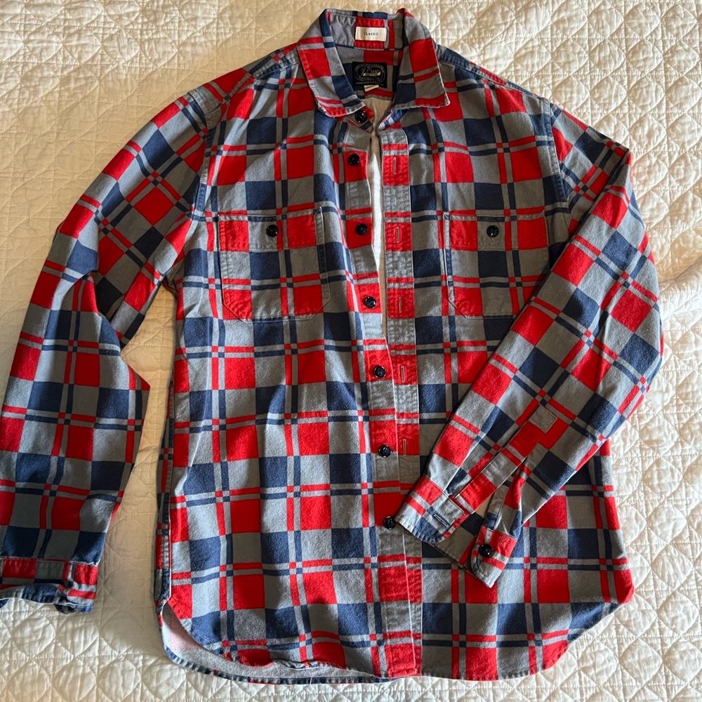 J Crew Classic fit flannel in a mid century modern pattern